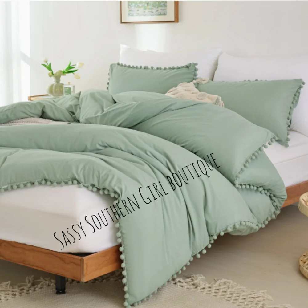 🆕⭐ Boho sage green pom pom comforter set